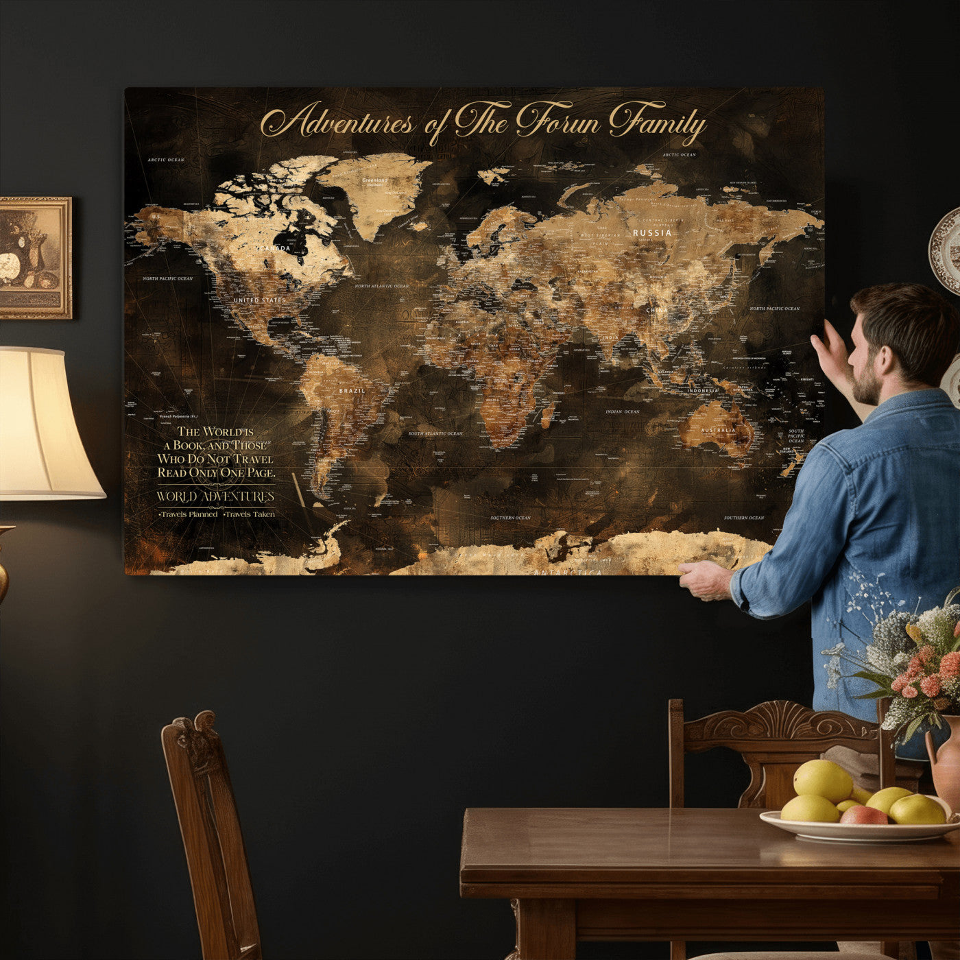 20594960-MGV-CV-36X24 - Custom Push Pin World Map Wall Art Canvas Print – Personalized Travel Tracker with Pins Framed Large for Home and Office Decor