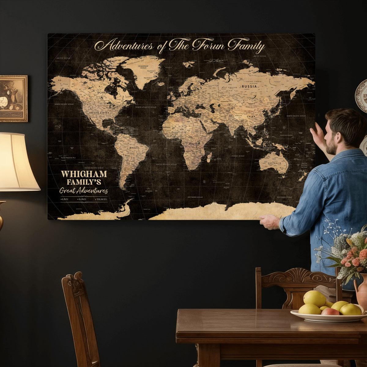 69635819-MGV-CV-36X24 - Custom Push Pin World Map Wall Art Canvas Print | Personalized Travel Tracker with Pins Framed Large for Home and Office Decor