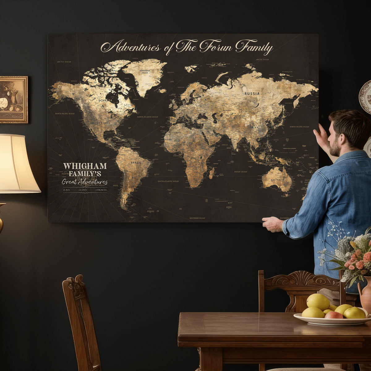 80238567-MGV-CV-36X24 - Custom Push Pin World Map Wall Art Canvas Print | Personalized Travel Tracker with Pins Framed Large for Home and Office Decor