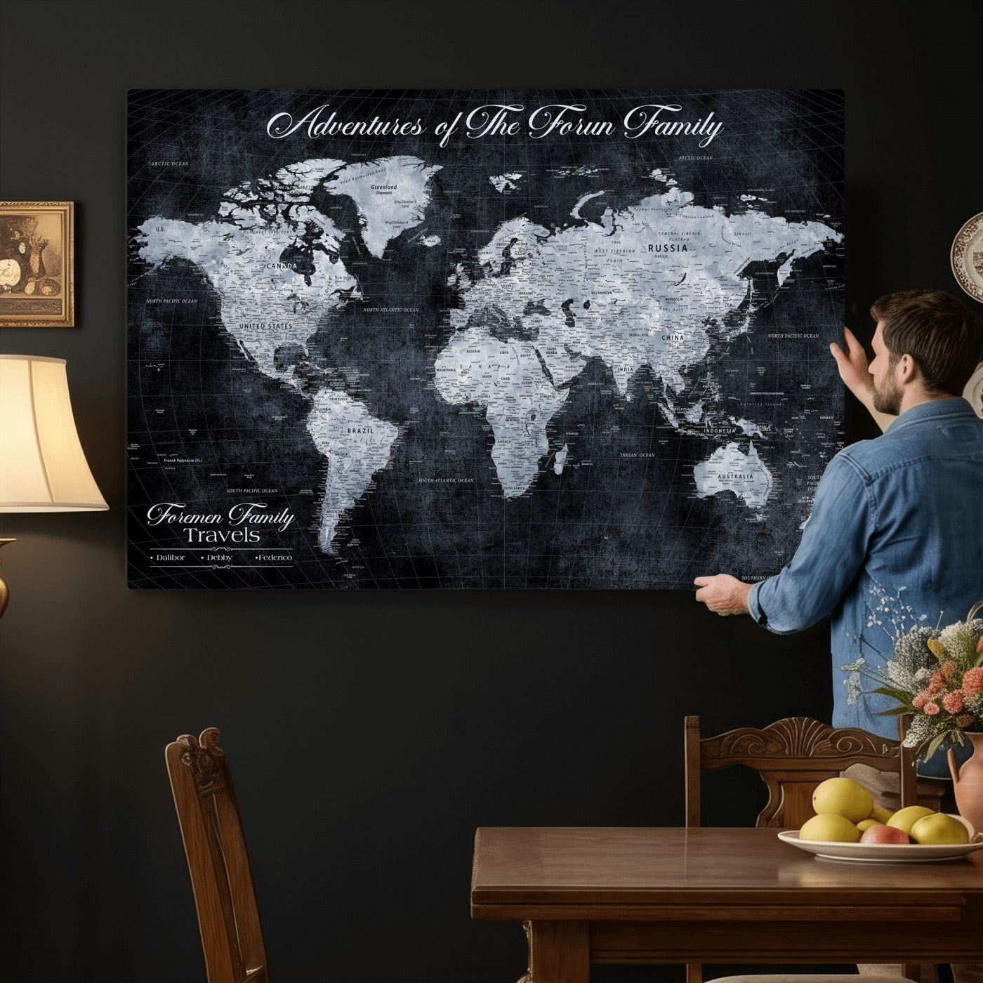 26826520-MGV-CV-36X24 - Custom Push Pin World Map Wall Art Canvas Print – Personalized Travel Tracker with Pins Framed Large for Home and Office Decor
