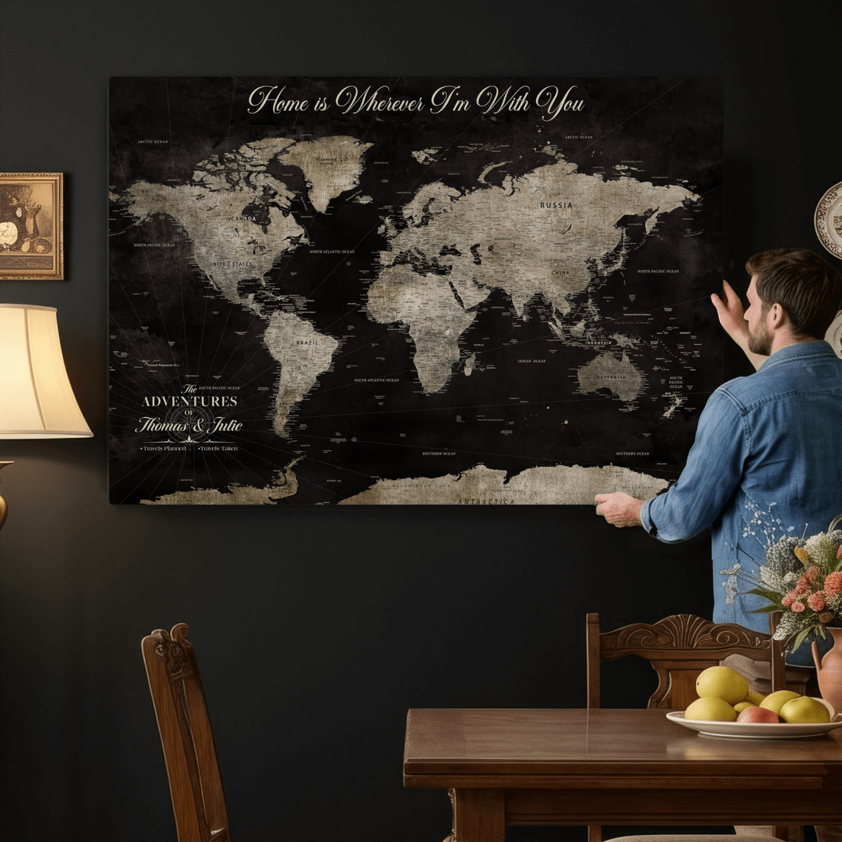 28461537-MGV-CV-36X24 - Personalized Framed Black Geometric World Map Canvas with Push Pins, Bucket List Map, Living Room and Dining Room Decor