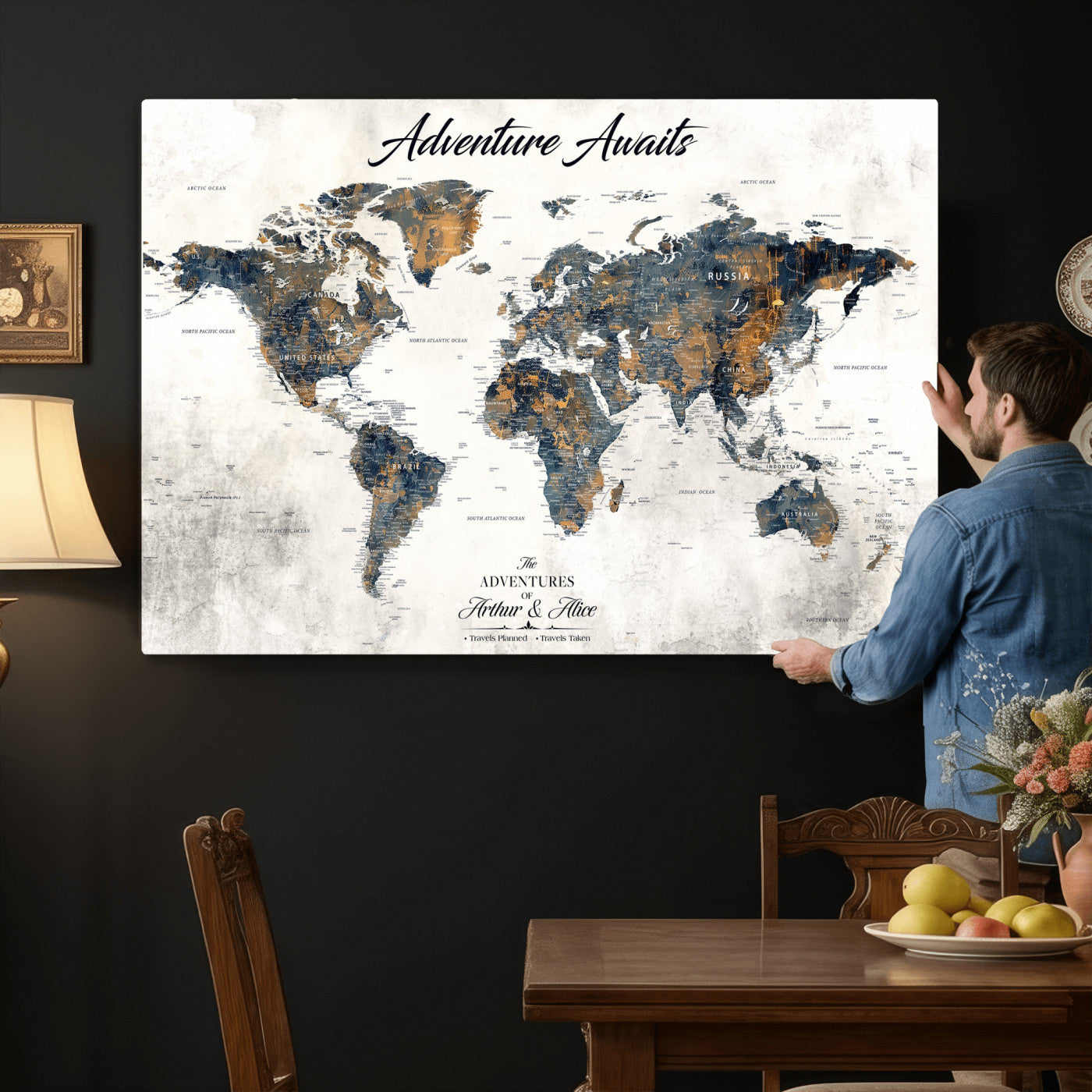 26041262-MGV-CV-36X24 - Custom Push Pin World Map Wall Art Canvas Print – Personalized Travel Tracker with Pins Framed Large for Home and Office Decor