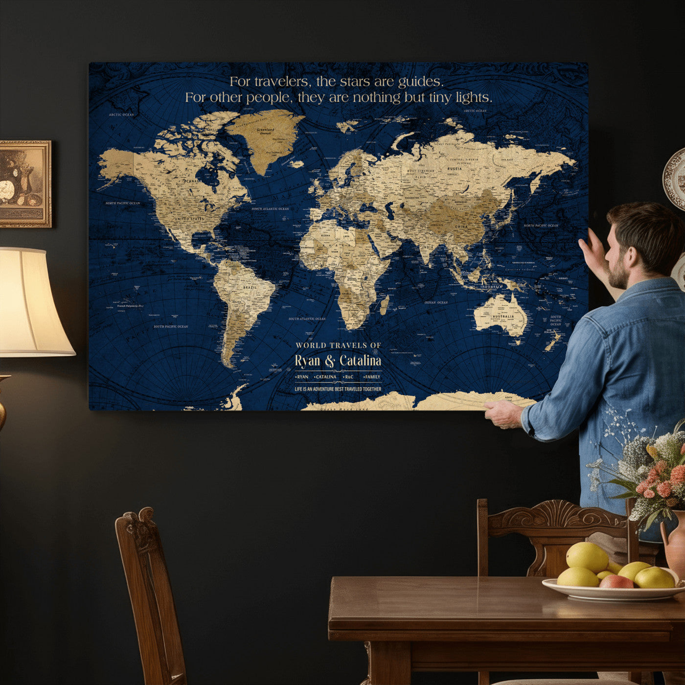 71667510-MGV-CV-36X24 - Custom Push Pin World Map Wall Art Canvas Print – Personalized Travel Tracker with Pins Framed Large for Home and Office Decor
