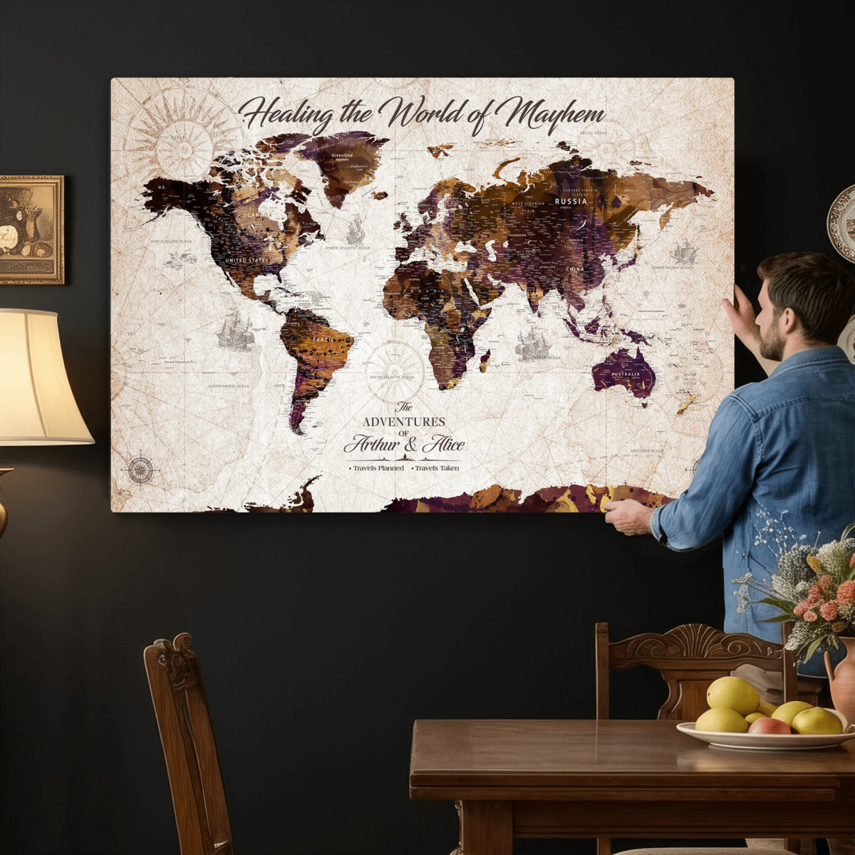 20154714-MGV-CV-36X24 - Custom Push Pin World Map Wall Art Canvas Print | Personalized Travel Tracker with Pins Framed Large for Home and Office Decor