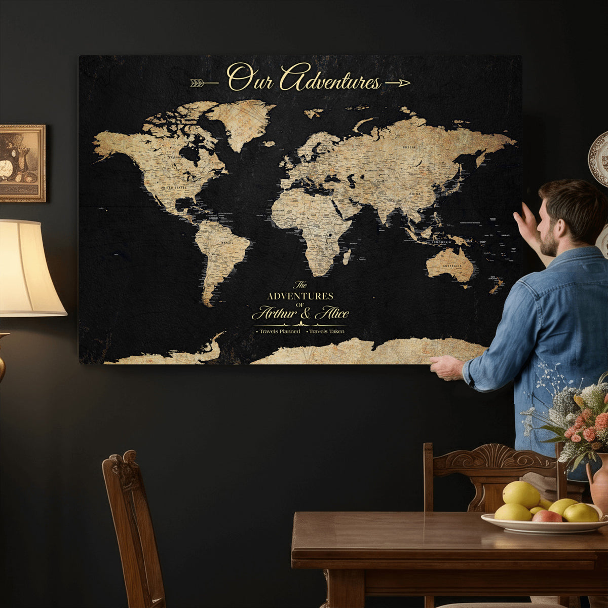 54638998-MGV-CV-36X24 - Custom Push Pin World Map Wall Art Canvas Print | Personalized Travel Tracker with Pins Framed Large for Home and Office Decor