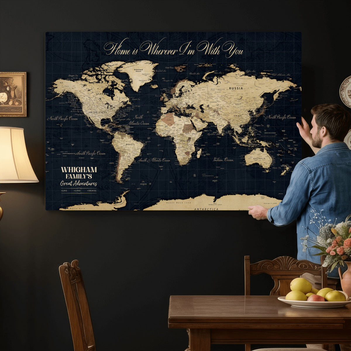 86888698-MGV-CV-36X24 - Custom Push Pin World Map Wall Art Canvas Print | Personalized Travel Tracker with Pins Framed Large for Home and Office Decor