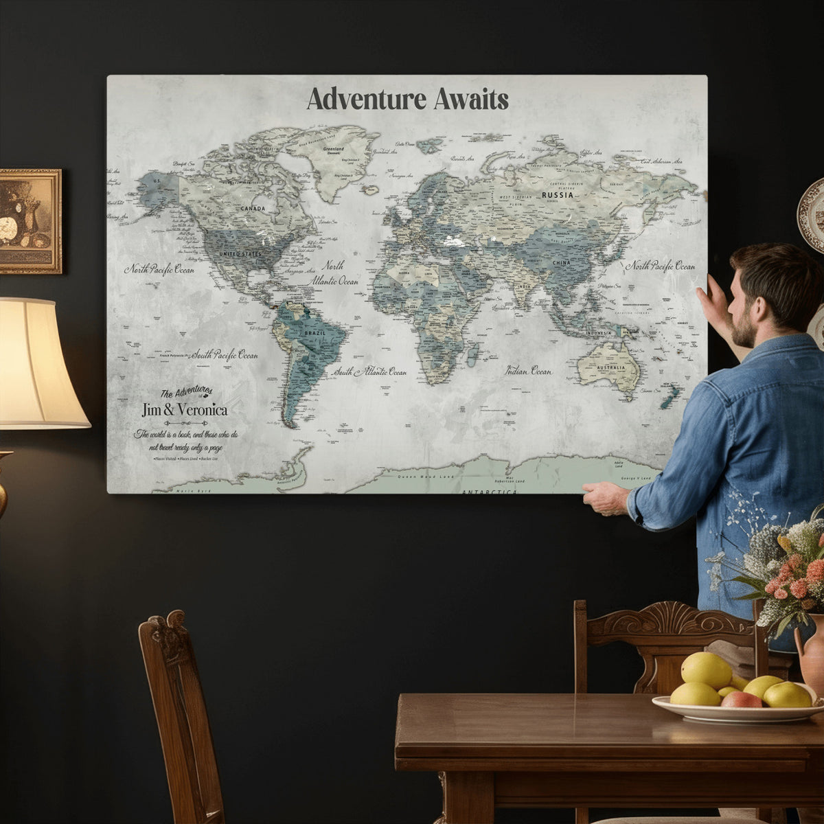 11945570-MGV-CV-36X24 - Custom Push Pin World Map Wall Art Canvas Print | Personalized Travel Tracker with Pins Framed Large for Home and Office Decor