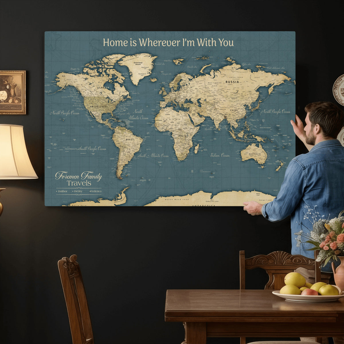 15936891-MGV-CV-36X24 - Custom Push Pin World Map Wall Art Canvas Print | Personalized Travel Tracker with Pins Framed Large for Home and Office Decor