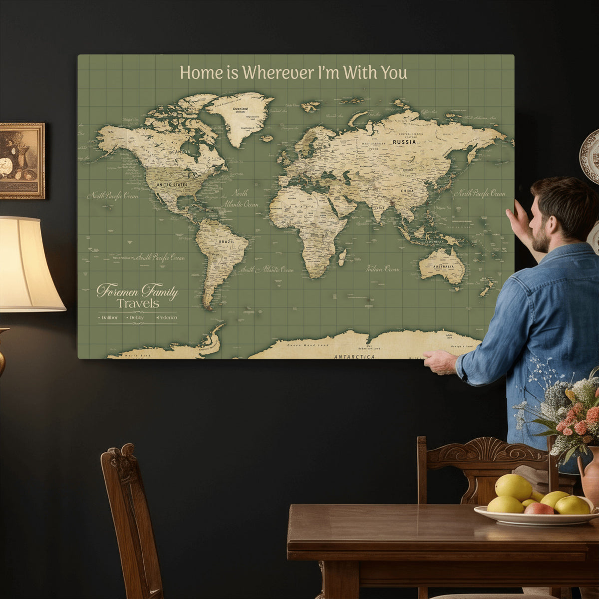 88521244-MGV-CV-36X24 - Custom Push Pin World Map Wall Art Canvas Print | Personalized Travel Tracker with Pins Framed Large for Home and Office Decor