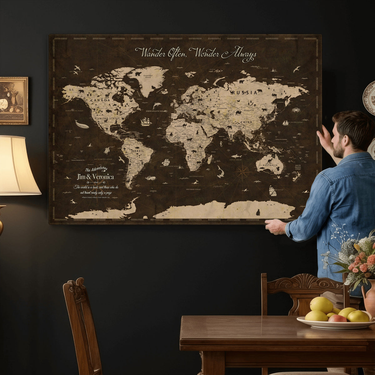 20091587-MGV-CV-36X24 - Custom Push Pin World Map Wall Art Canvas Print | Personalized Travel Tracker with Pins Framed Large for Home and Office Decor