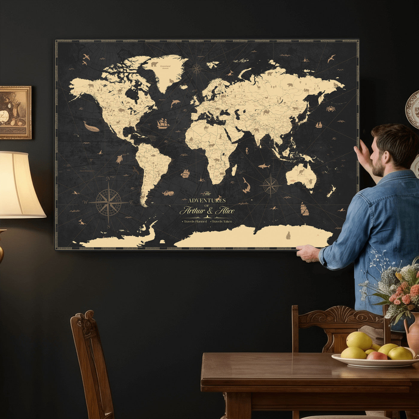 23208482-MGV-CV-36X24 - Custom Push Pin World Map Wall Art Canvas Print – Personalized Travel Tracker with Pins Framed Large for Home and Office Decor