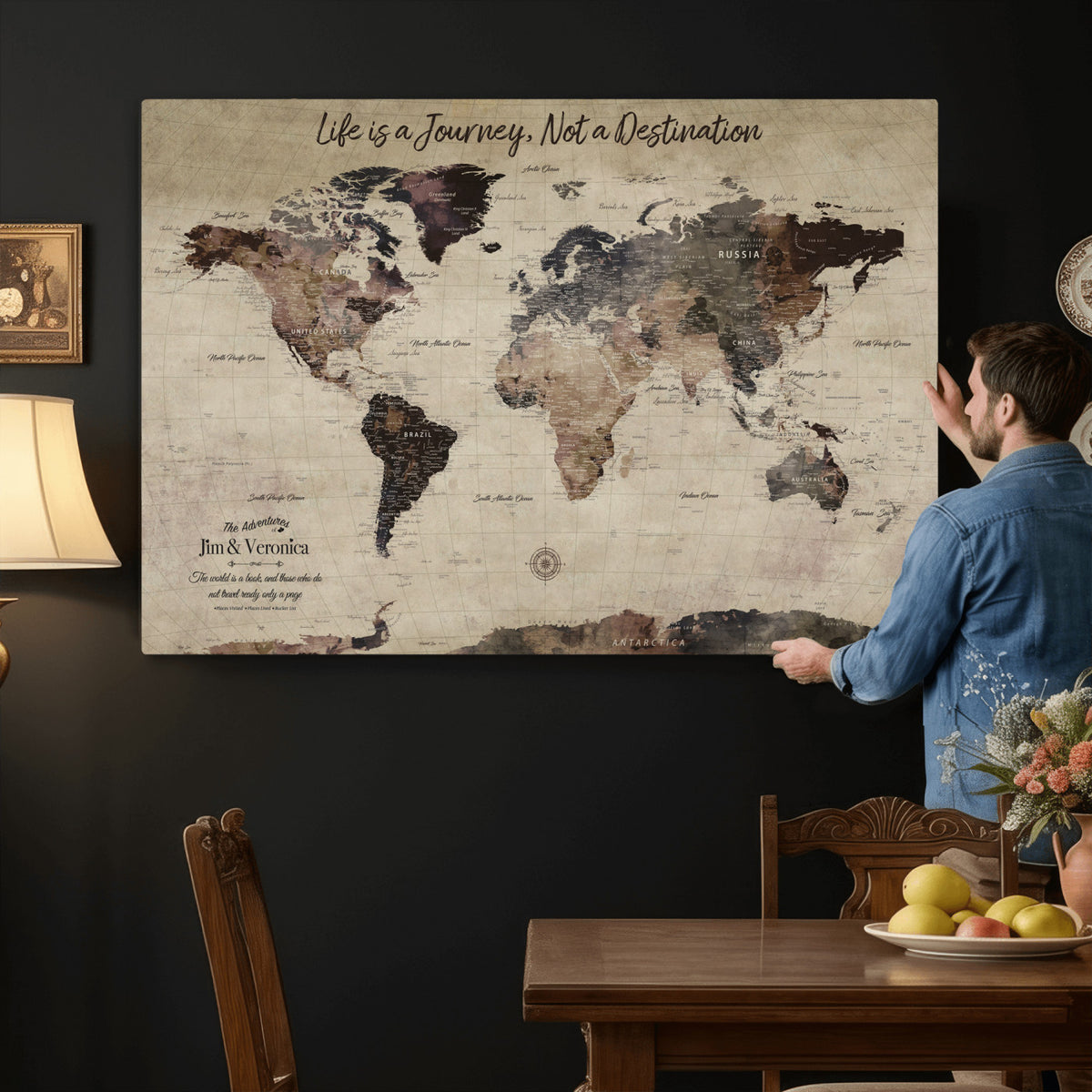 58257942-MGV-CV-36X24 - Custom Push Pin World Map Wall Art Canvas Print | Personalized Travel Tracker with Pins Framed Large for Home and Office Decor
