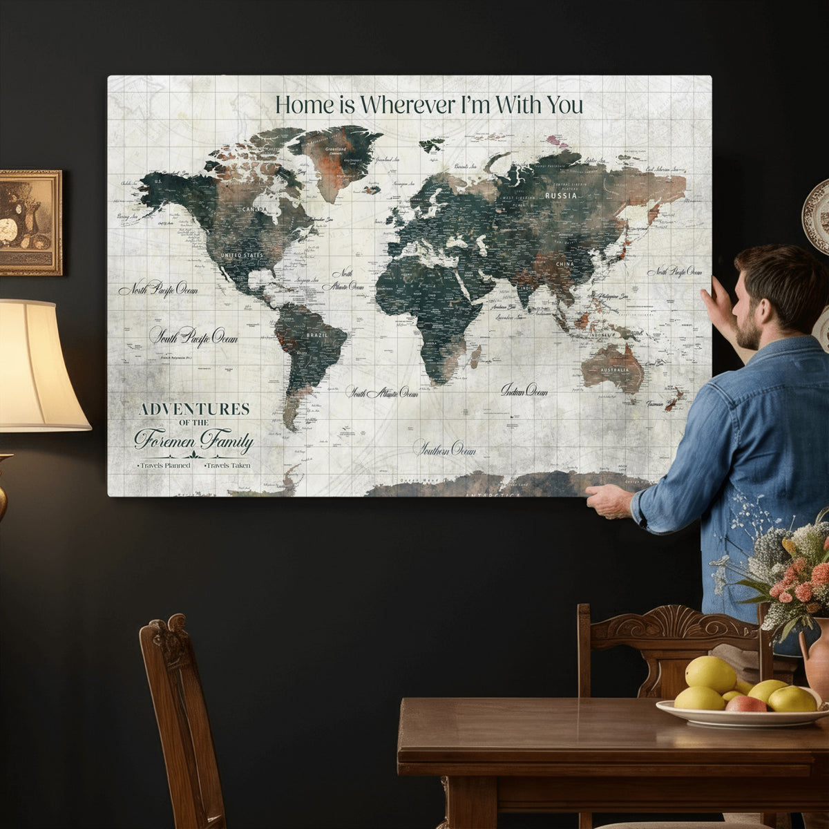 98050124-MGV-CV-36X24 - Personalized Beige Modern Push Pin Travel Map Canvas Print, Couples Countries Visited Map, Dining Room and Bedroom Decor