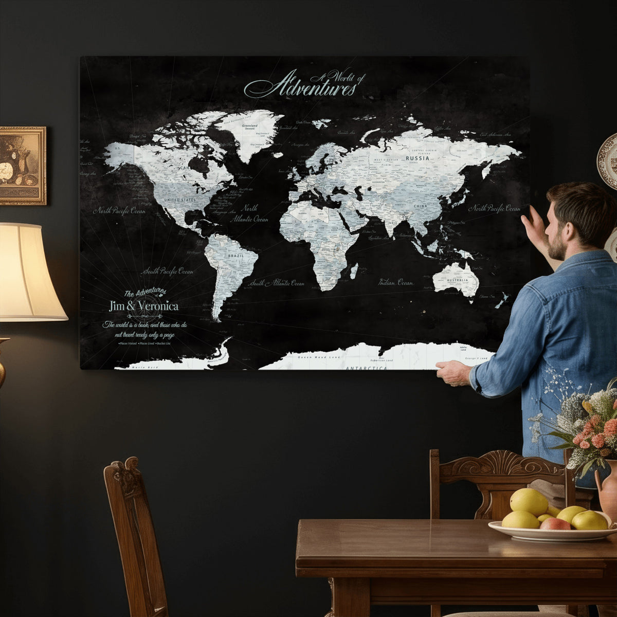 67491071-MGV-CV-36X24 - Custom Beige World Travel Map Wall Art with Pins, Places Visited Tracker, Bedroom and Home Office Decor
