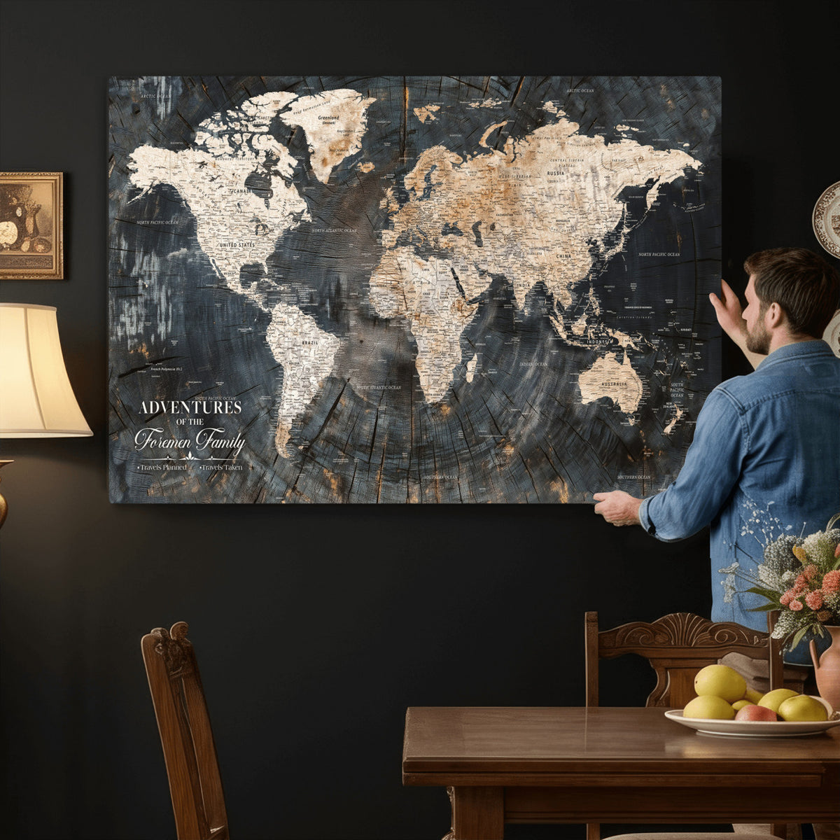 77865338-MGV-CV-36X24 - Personalized Framed Beige Push Pin World Map Canvas Print, Bucket List Map, Living Room and Hallway Decor