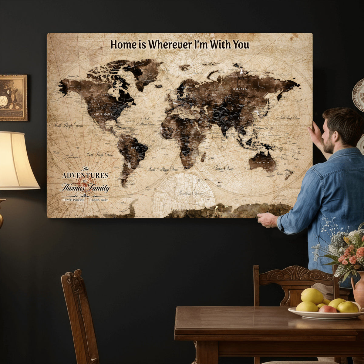 74771891-MGV-CV-36X24 - Personalized Framed Beige Modern World Travel Map Wall Art with Pins, Family Adventure Map, Living Room and Hallway Decor