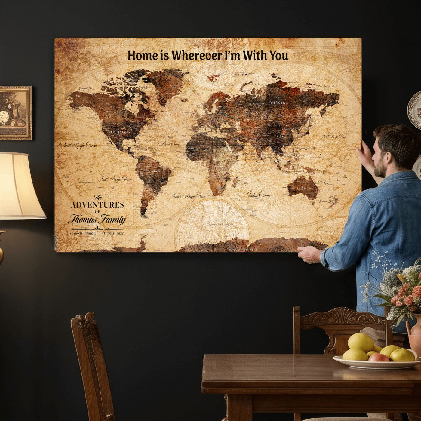 47310001-MGV-CV-36X24 - Custom Push Pin World Map Wall Art Canvas Print – Personalized Travel Tracker with Pins Framed Large for Home and Office Decor