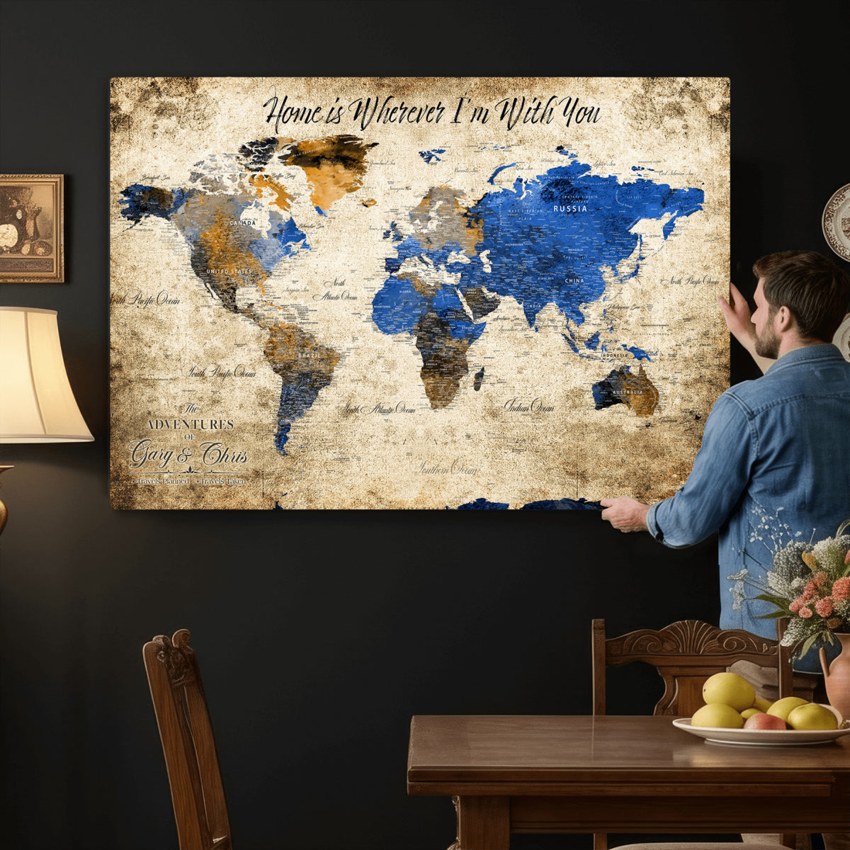 13332533-MGV-CV-36X24 - Personalized Framed Beige World Map Canvas with Push Pins, Honeymoon and Anniversary Gift, Living Room and Home Office Decor