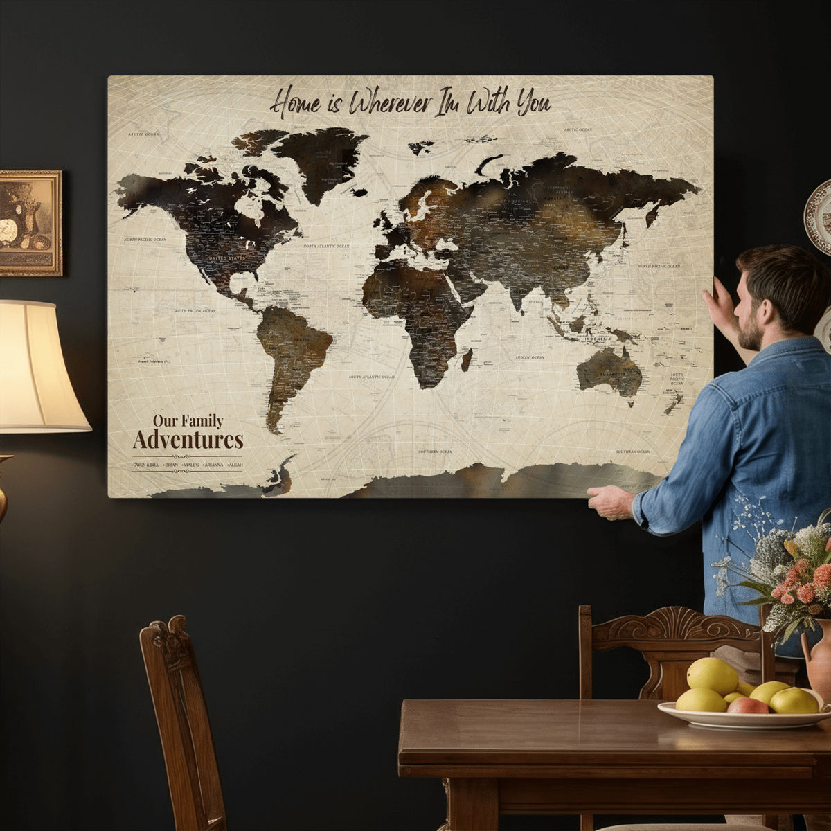 26357755-MGV-CV-36X24 - Custom Push Pin World Map Wall Art Canvas Print | Personalized Travel Tracker with Pins Framed Large for Home and Office Decor