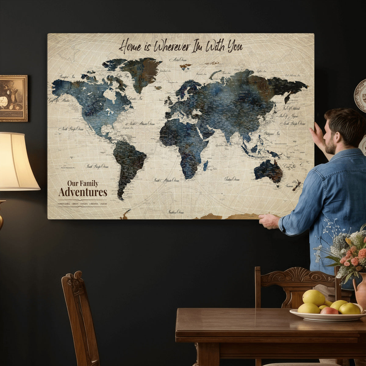51383535-MGV-CV-36X24 - Personalized Framed Black Modern Push Pin Travel Map Canvas Print, Family Travel Tracker, Home Office and Entryway Decor
