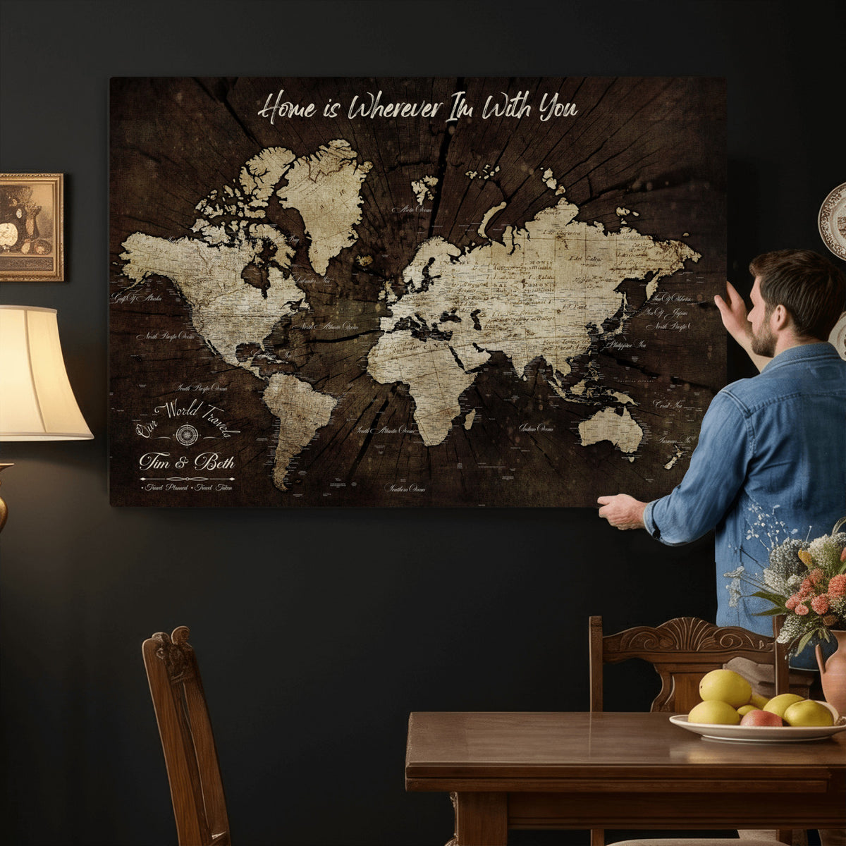 46573259-MGV-CV-36X24 - Personalized Watercolor Push Pin World Map Canvas Wall Art, Custom Framed Travel Map - NEWMAP-094