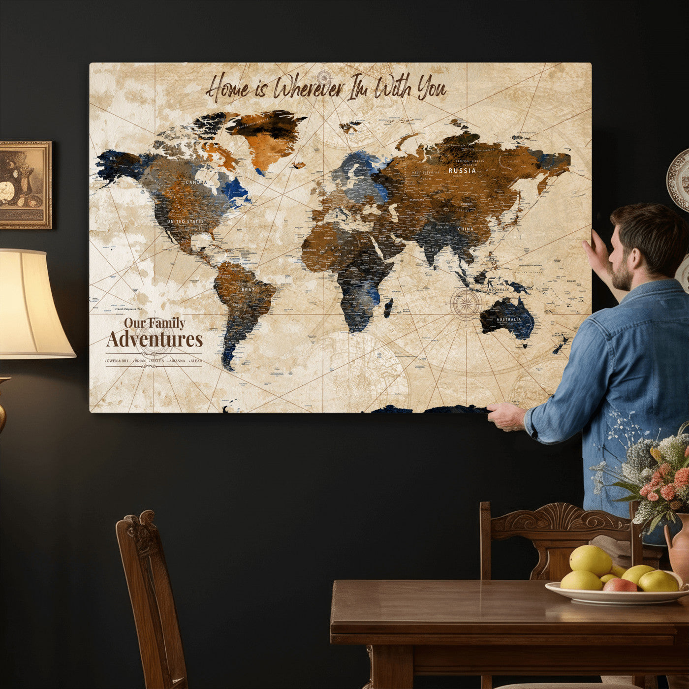20227642-MGV-CV-36X24 - Custom Push Pin World Map Wall Art Canvas Print – Personalized Travel Tracker with Pins Framed Large for Home and Office Decor