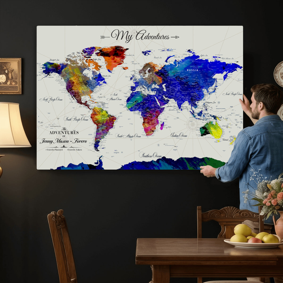 45423989-MGV-CV-36X24 - Detailed Custom Framed Beige Modern World Map Canvas with Push Pins, Honeymoon and Anniversary Gift, Dining Room and Home Office Decor