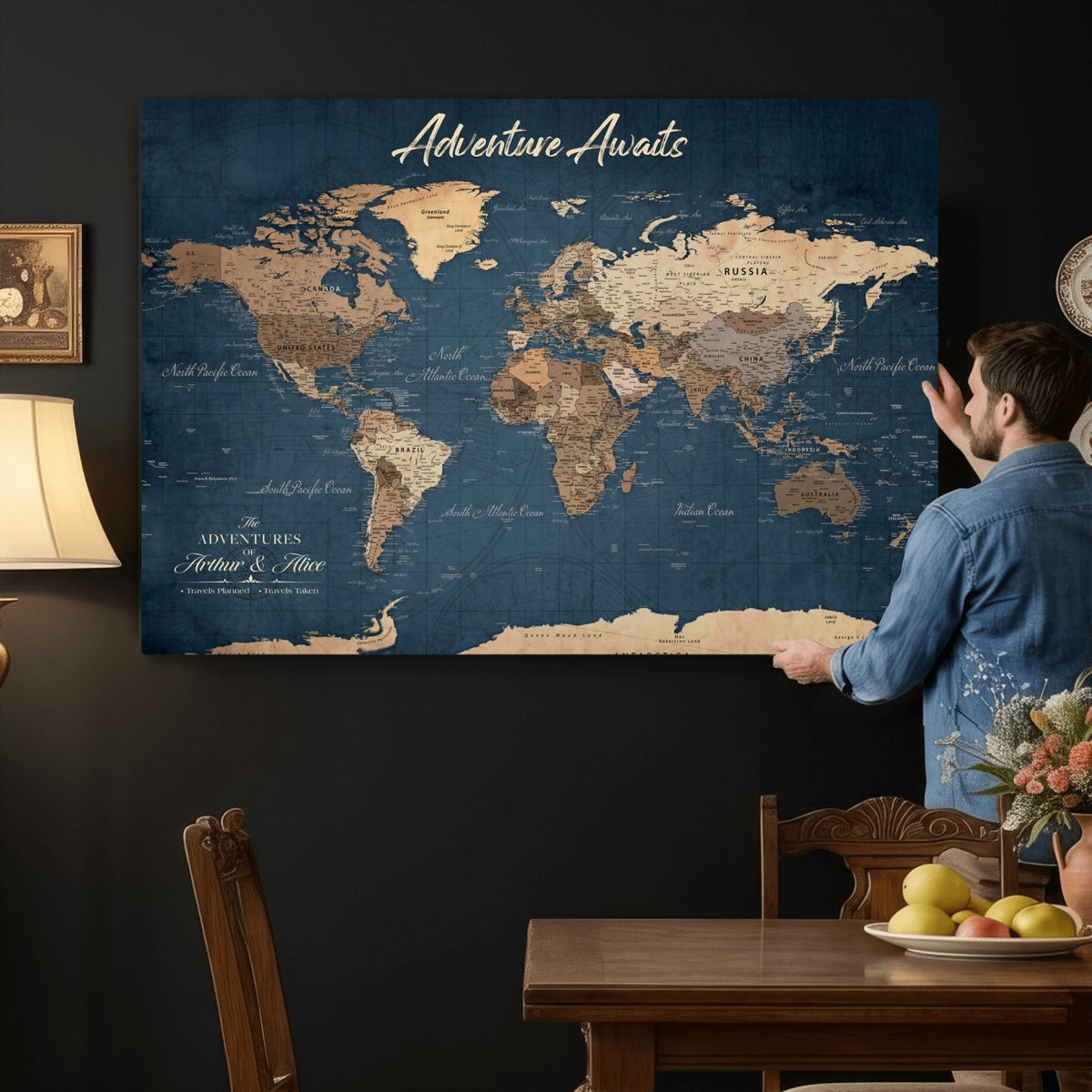 64110391-MGV-CV-36X24 - Personalized White Vintage World Travel Map Wall Art with Pins, Next Trip Planner Map, Family Room and Dining Room Decor