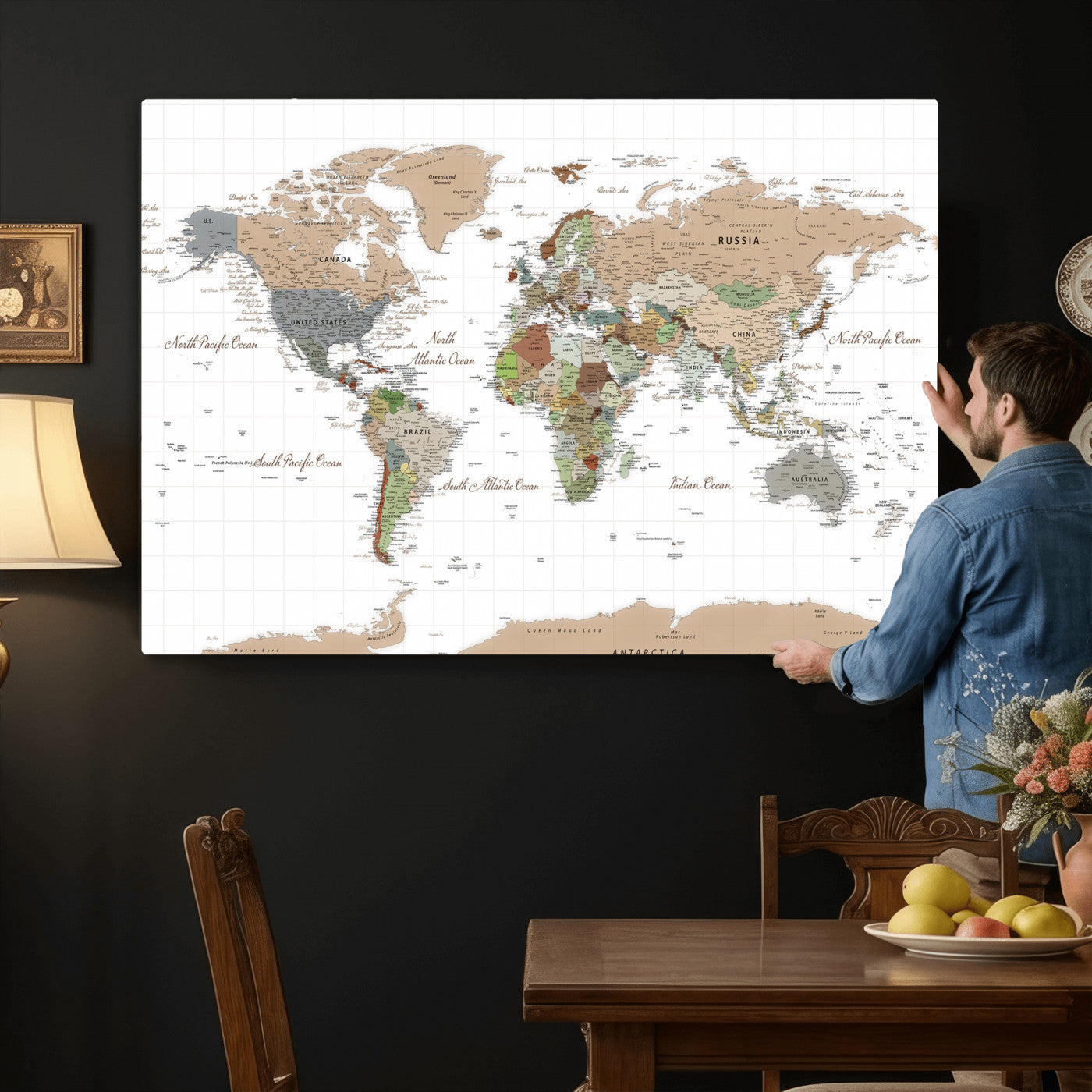 91286788-MGV-CV-36X24 - World Map Wall Art Canvas Print, Modern Decorative Framed Map Artwork Prints for Living Room, Office, Bedroom Wall Decor