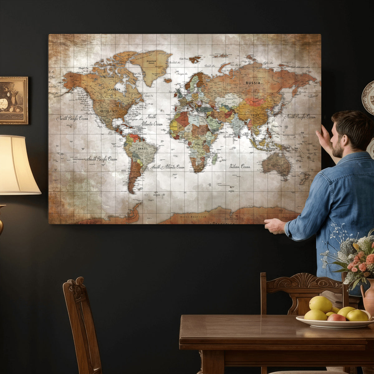 51643807-MGV-CV-36X24 - World Map Wall Art Canvas Print, Modern Decorative Framed Map Artwork Prints for Living Room, Office, Bedroom Wall Decor