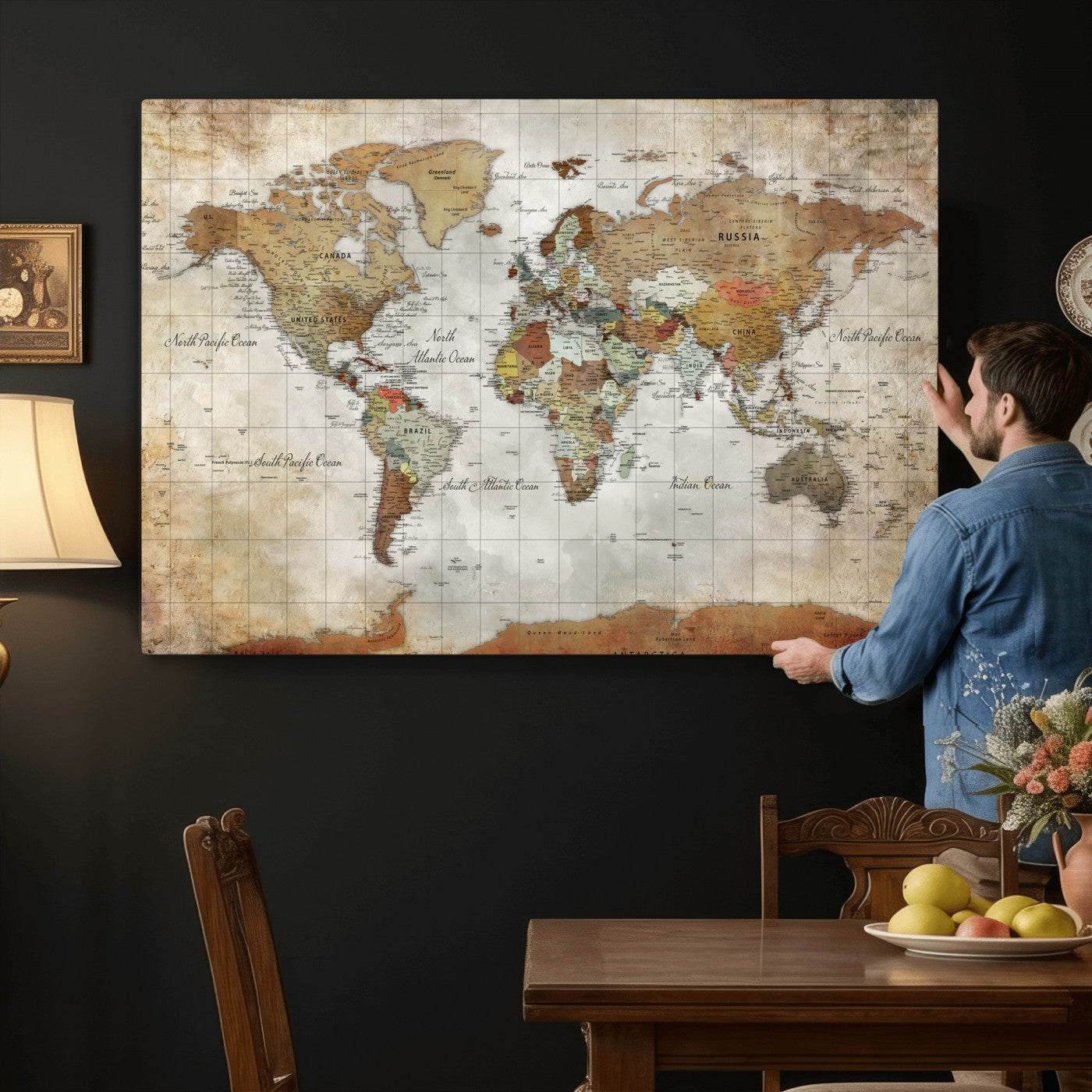 19855445-MGV-CV-36X24 - World Map Wall Art Canvas Print, Modern Decorative Framed Map Artwork Prints for Living Room, Office, Bedroom Wall Decor