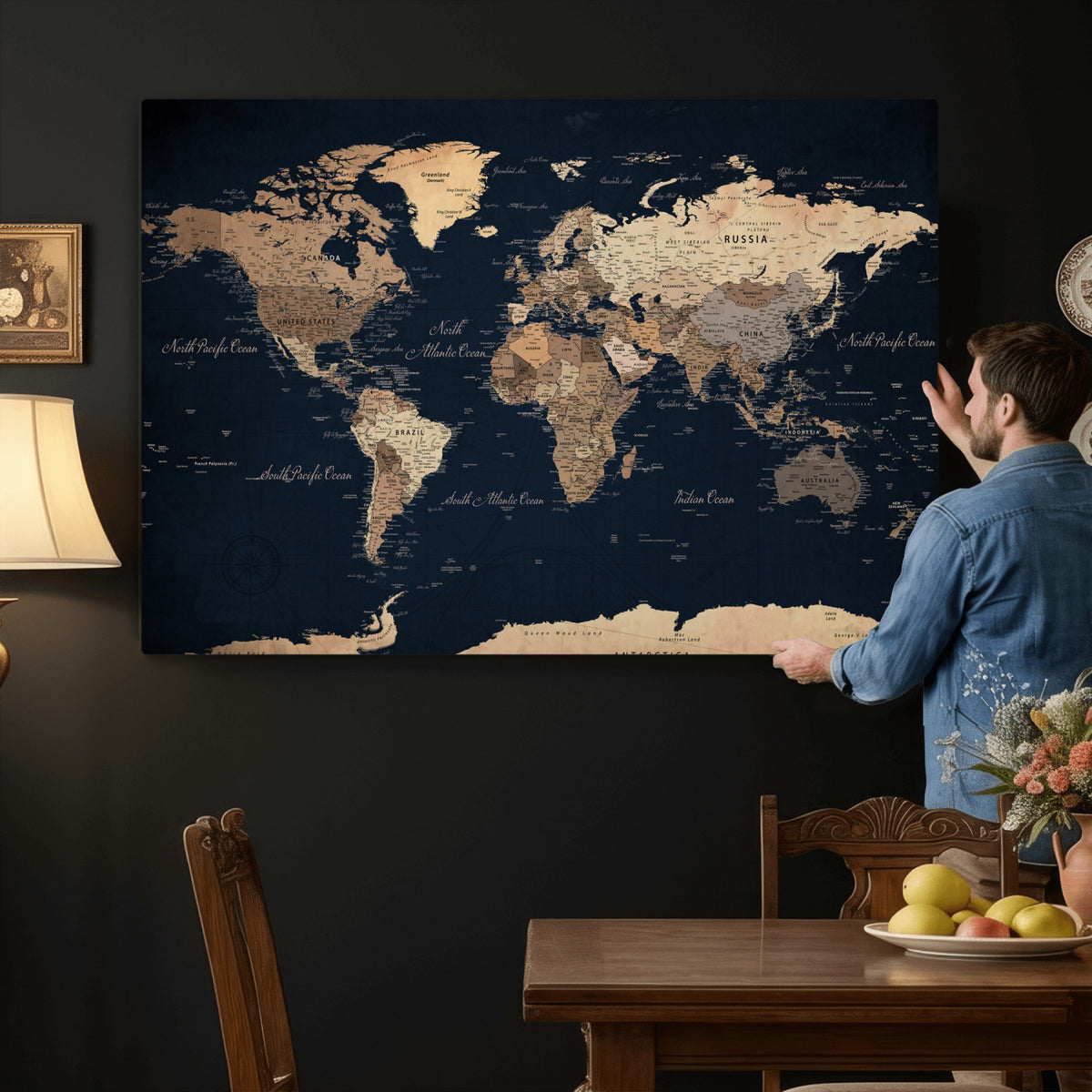 53971530-MGV-CV-36X24 - World Map Wall Art Canvas Print, Modern Decorative Framed Map Artwork Prints for Living Room, Office, Bedroom Wall Decor