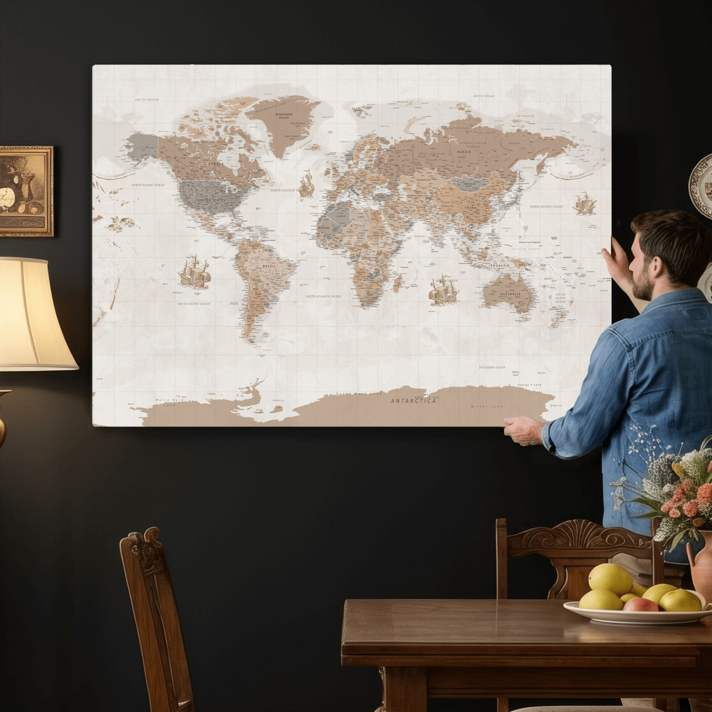85057279-MGV-CV-36X24 - World Map Wall Art Canvas Print, Modern Decorative Framed Map Artwork Prints for Living Room, Office, Bedroom Wall Decor