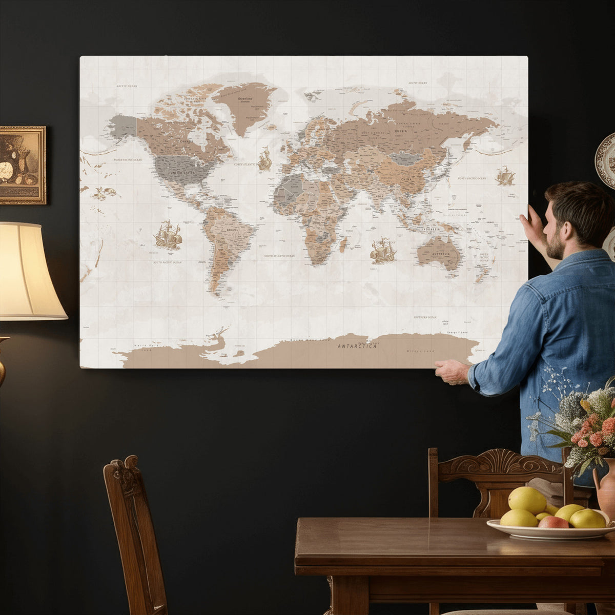 85057279-MGV-CV-36X24 - Framed Large World Map Canvas Print for Office Decor