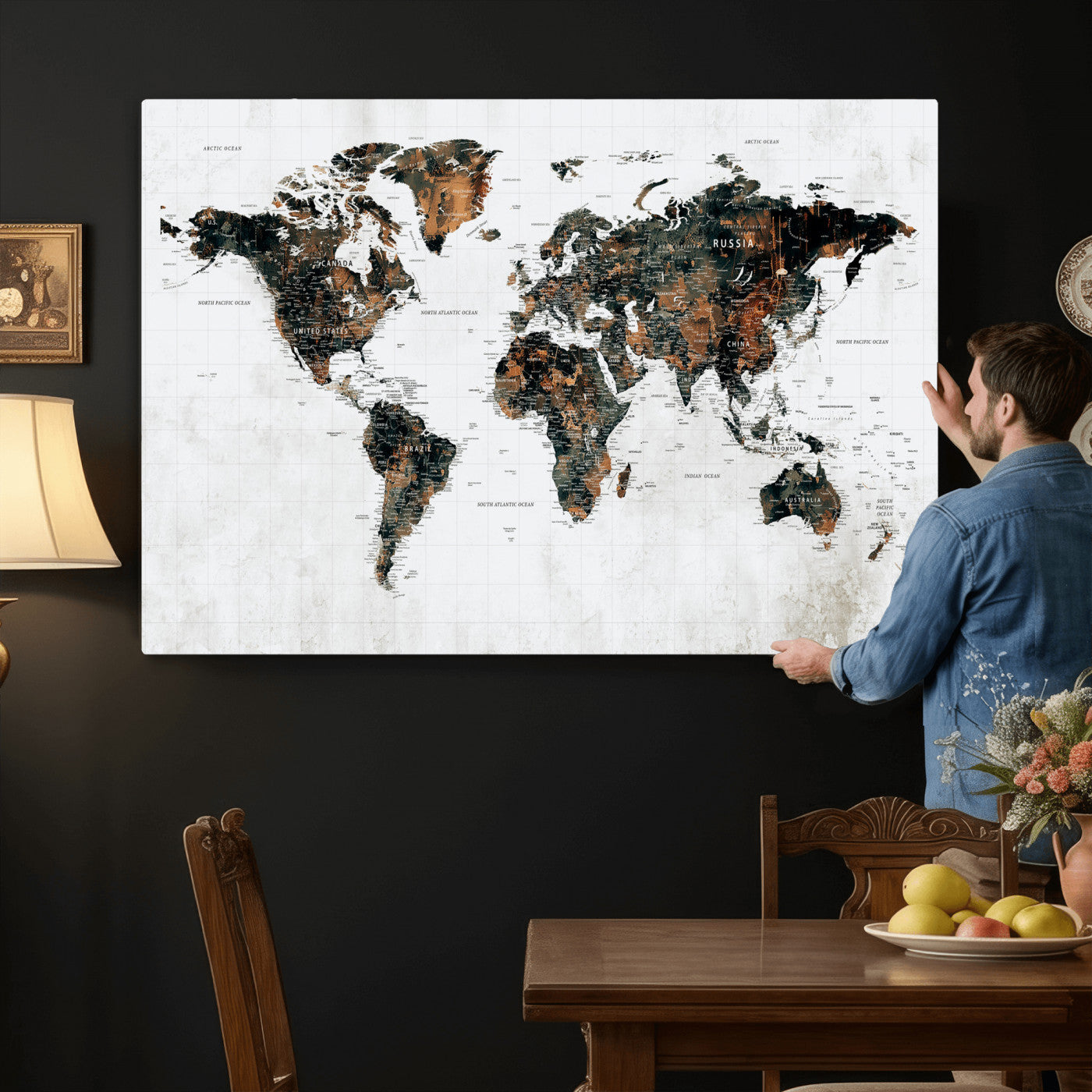 60008766-MGV-CV-36X24 - World Map Wall Art Canvas Print, Modern Decorative Framed Map Artwork Prints for Living Room, Office, Bedroom Wall Decor