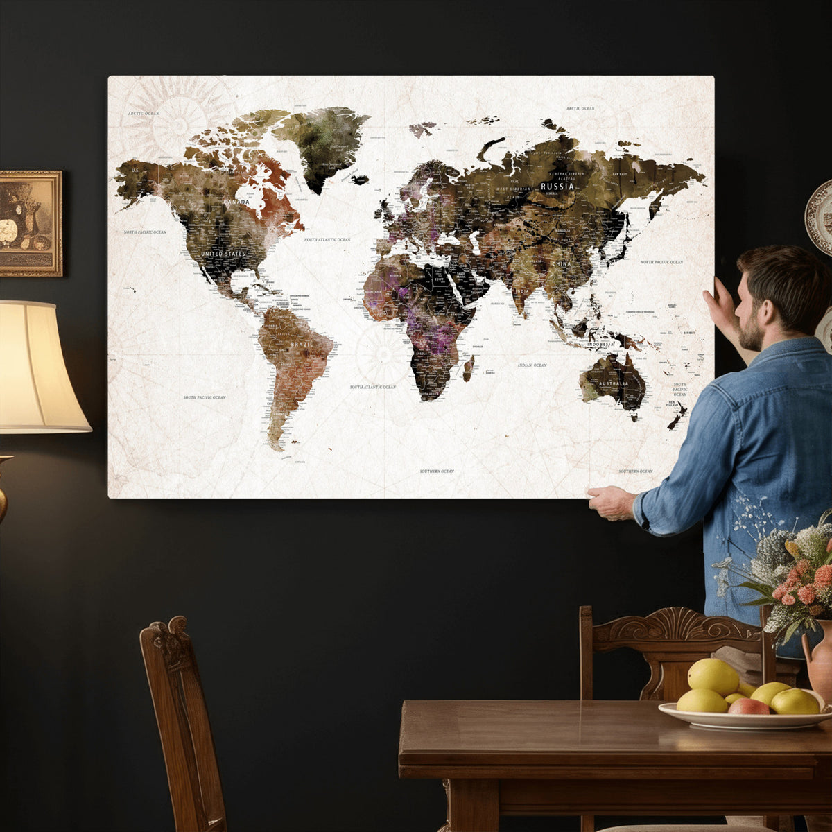 77651968-MGV-CV-36X24 - Watercolor World Map Print - Large Wall Art Canvas Print for