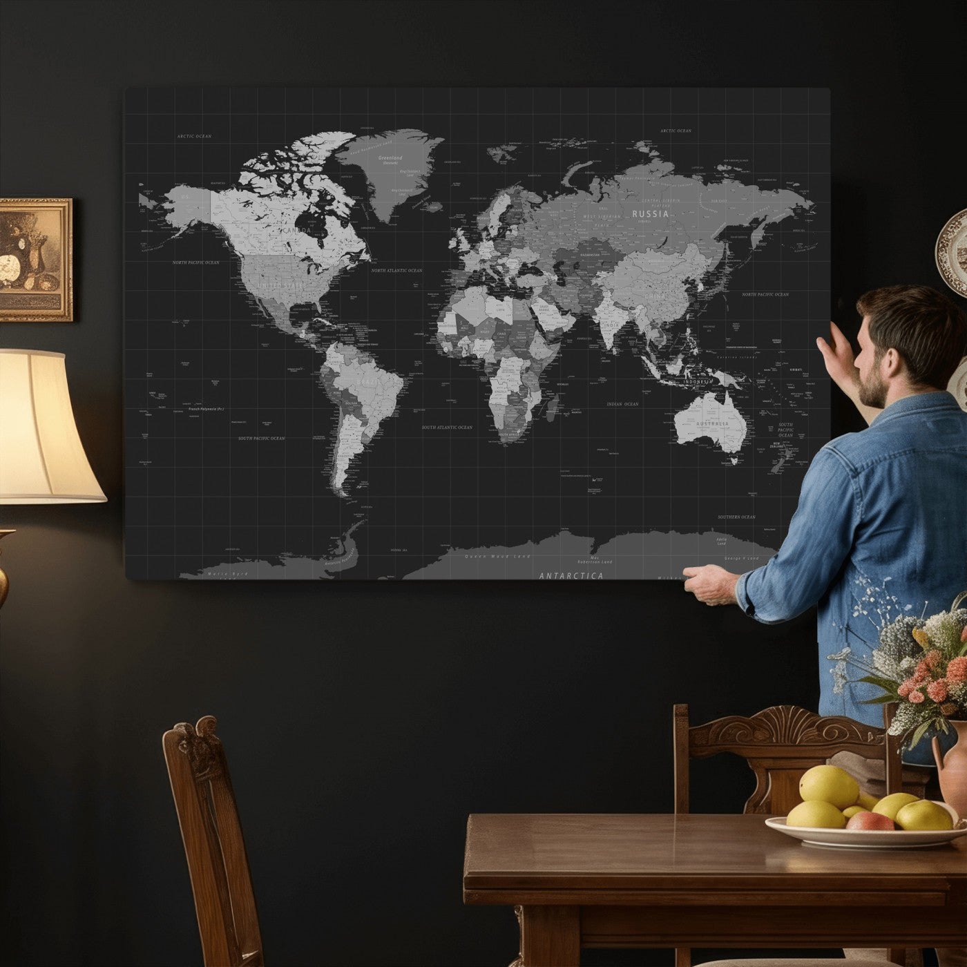 46160121-MGV-CV-36X24 - World Map Wall Art Canvas Print, Modern Decorative Framed Map Artwork Prints for Living Room, Office, Bedroom Wall Decor