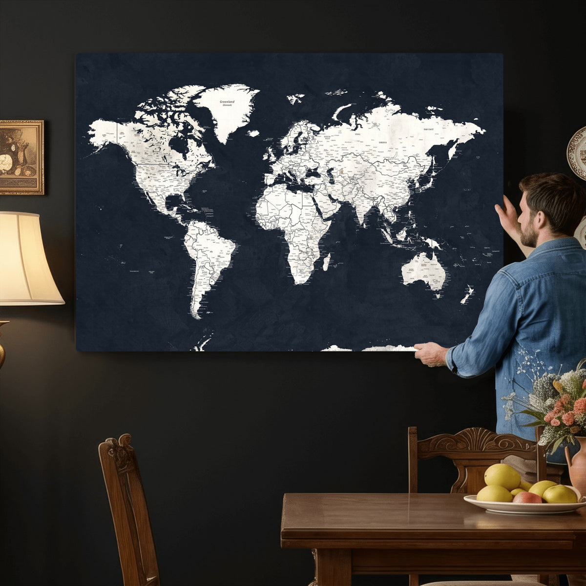 11963807-MGV-CV-36X24 - Black World Map Wall Art Canvas Print for Home Office and Meeting Room Decor