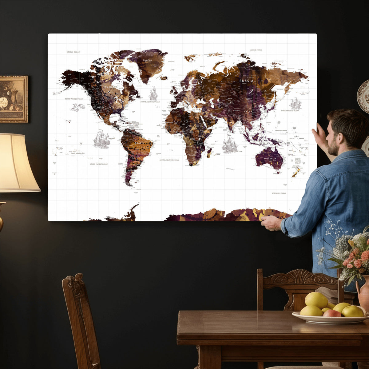 34792695-MGV-CV-36X24 - Rustic World Map Wall Art Canvas Print | Large Vintage Blue World Map on Wood Grain Style Background