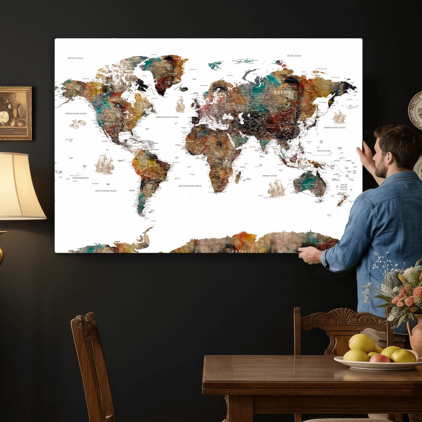 82293175-MGV-CV-36X24 - World Map Wall Art Canvas Print, Modern Decorative Framed Map Artwork Prints for Living Room, Office, Bedroom Wall Decor