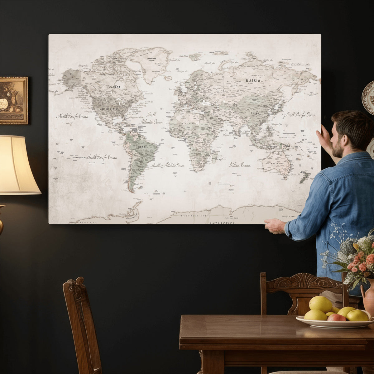 90355419-MGV-CV-36X24 - Antique Style World Map Canvas Print | Vintage Detailed World Map Art for Travel Lovers