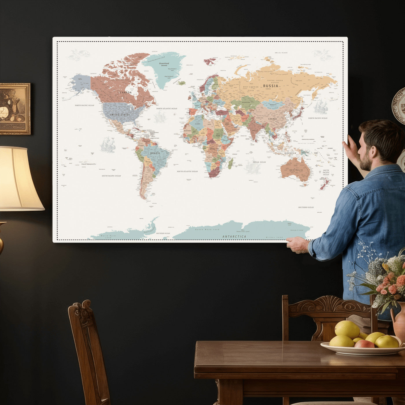 63447567-MGV-CV-36X24 - World Map Wall Art Canvas Print, Modern Decorative Framed Map Artwork Prints for Living Room, Office, Bedroom Wall Decor
