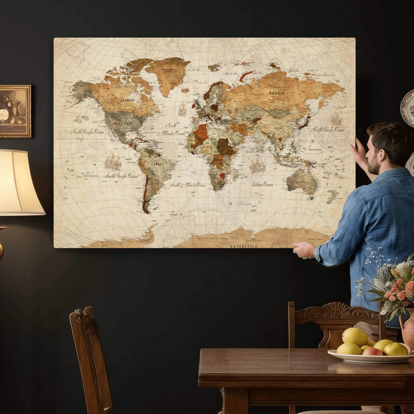 29684537-MGV-CV-36X24 - World Map Wall Art Canvas Print, Modern Decorative Framed Map Artwork Prints for Living Room, Office, Bedroom Wall Decor