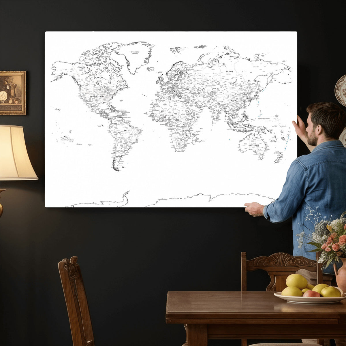 21002736-MGV-CV-36X24 - World Map Canvas Print, Framed Modern Detailed Map of the World for Home or Office