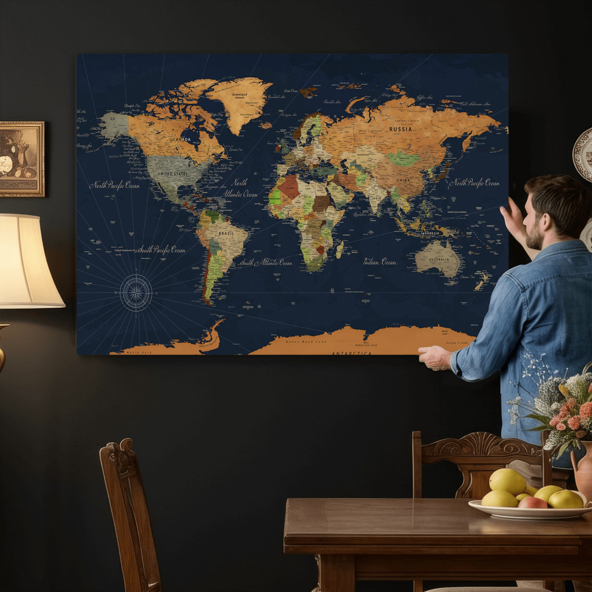 11715182-MGV-CV-36X24 - Modern World Map Canvas Print, Framed Detailed Map of the World Wall Art