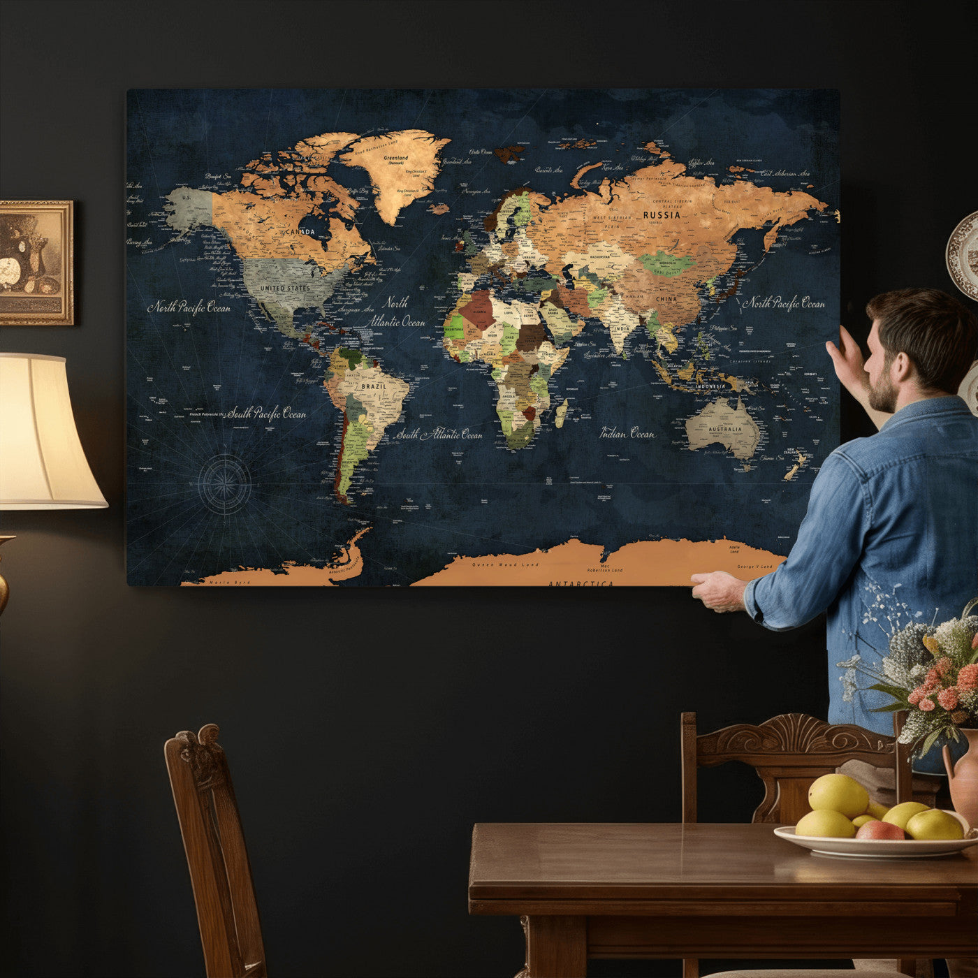 53717402-MGV-CV-36X24 - World Map Wall Art Canvas Print, Modern Decorative Framed Map Artwork Prints for Living Room, Office, Bedroom Wall Decor