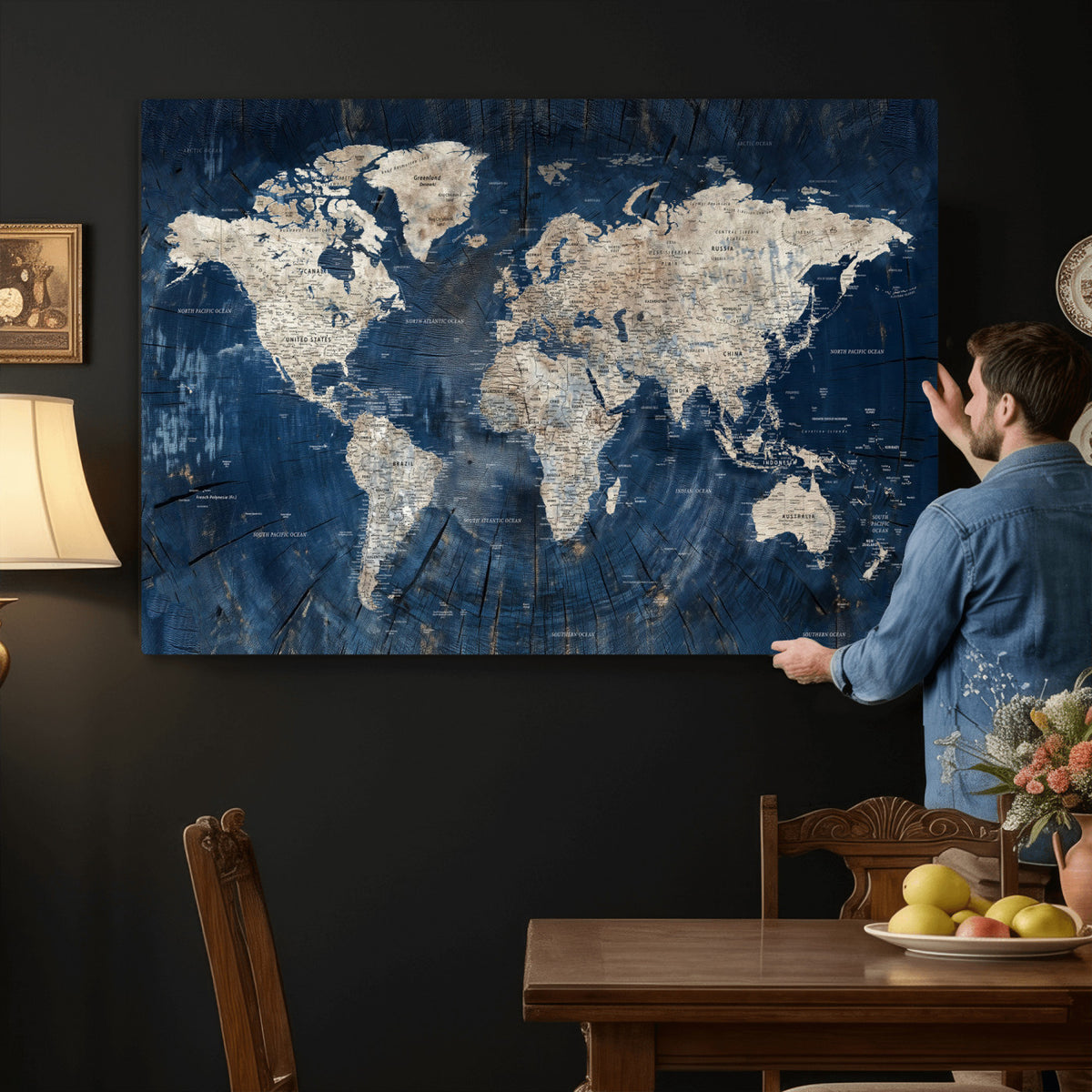 56126010-MGV-CV-36X24 - Large Blue World Map Wall Art Canvas Print for Home Office