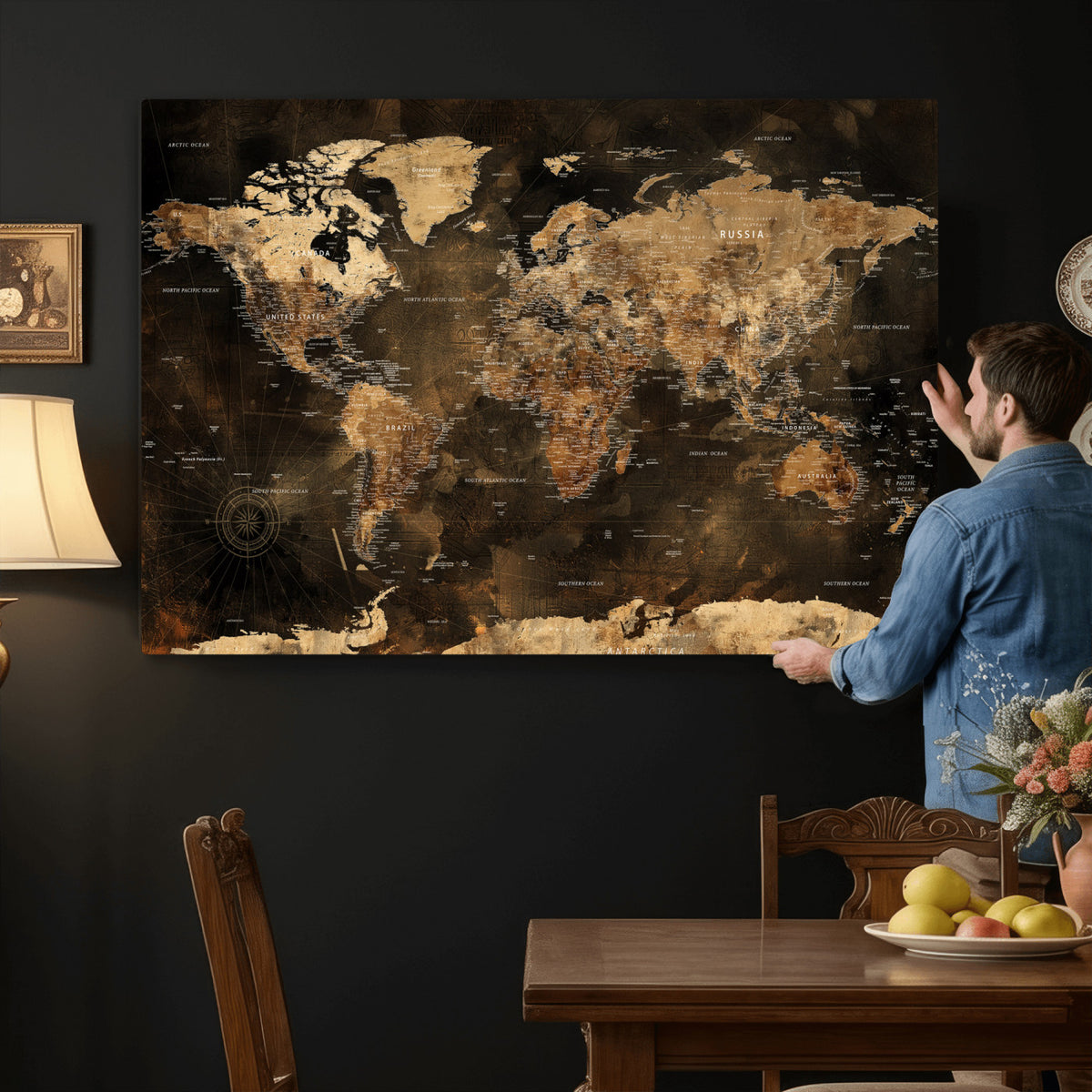 97742922-MGV-CV-36X24 - World Map Canvas Print, Modern Decorative Framed Map Artwork