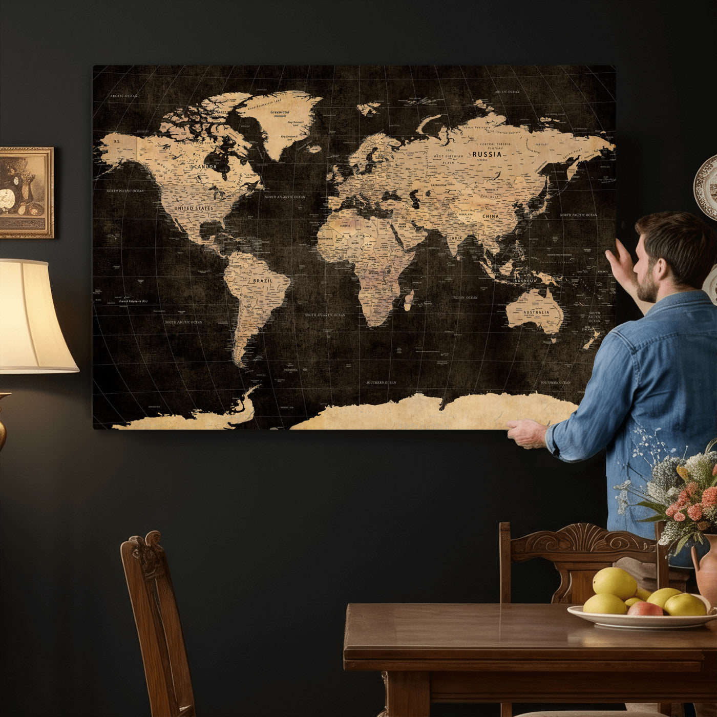 17790470-MGV-CV-36X24 - World Map Wall Art Canvas Print, Modern Decorative Framed Map Artwork Prints for Living Room, Office, Bedroom Wall Decor