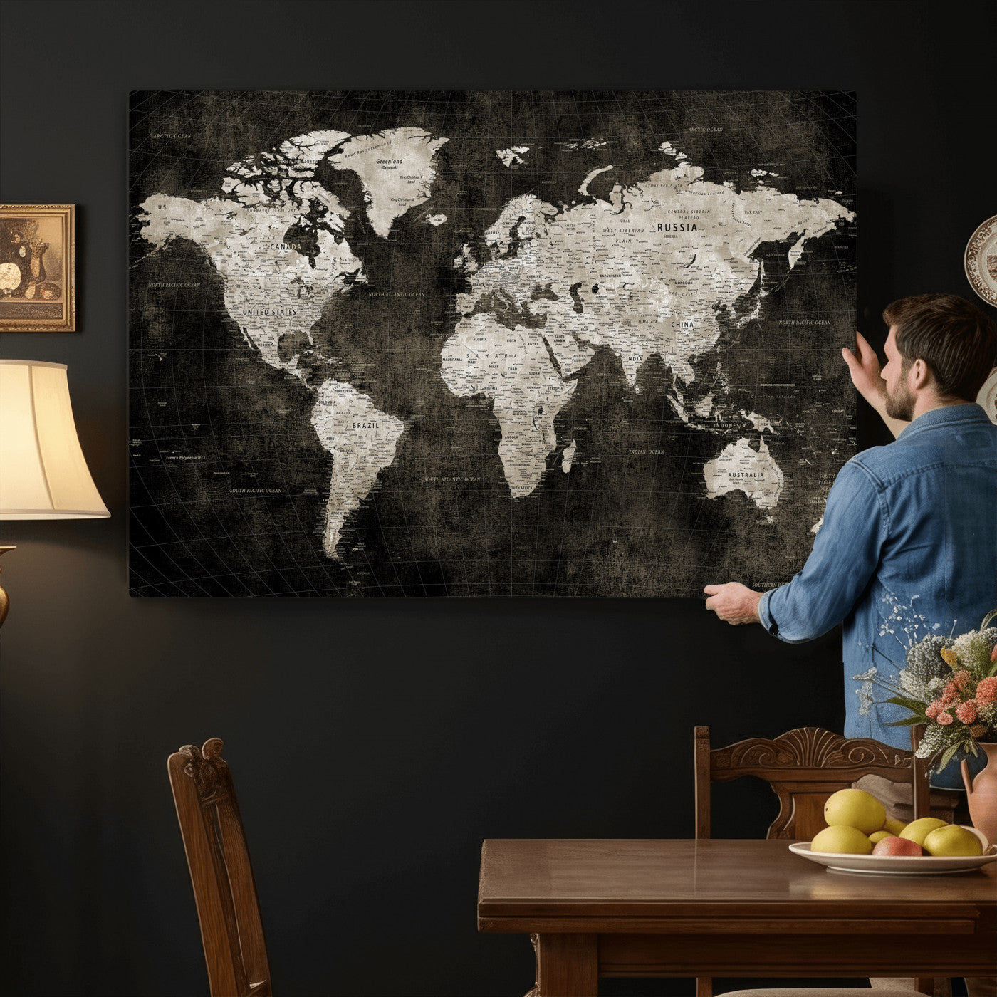 94581666-MGV-CV-36X24 - World Map Wall Art Canvas Print, Modern Decorative Framed Map Artwork Prints for Living Room, Office, Bedroom Wall Decor